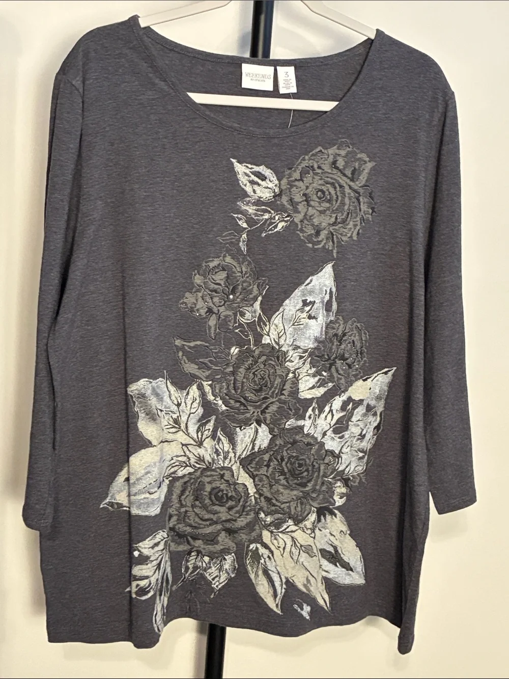 New! Chico's Winter Roses Gray Floral 3/4 Long-Sleeve Tunic Tee Size 3 / XL NWT